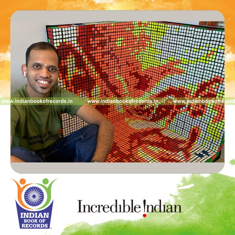 Large 3D mosaic portrait of Mahatma Gandhi created using Rubik’s cubes recognized by Indian Book of Records