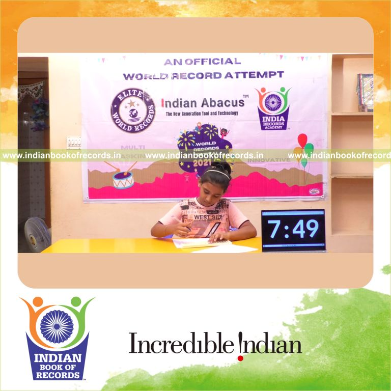 A participant using an abacus to solve two-digit addition problems across two rows within twelve minutes for the Indian Book of Records