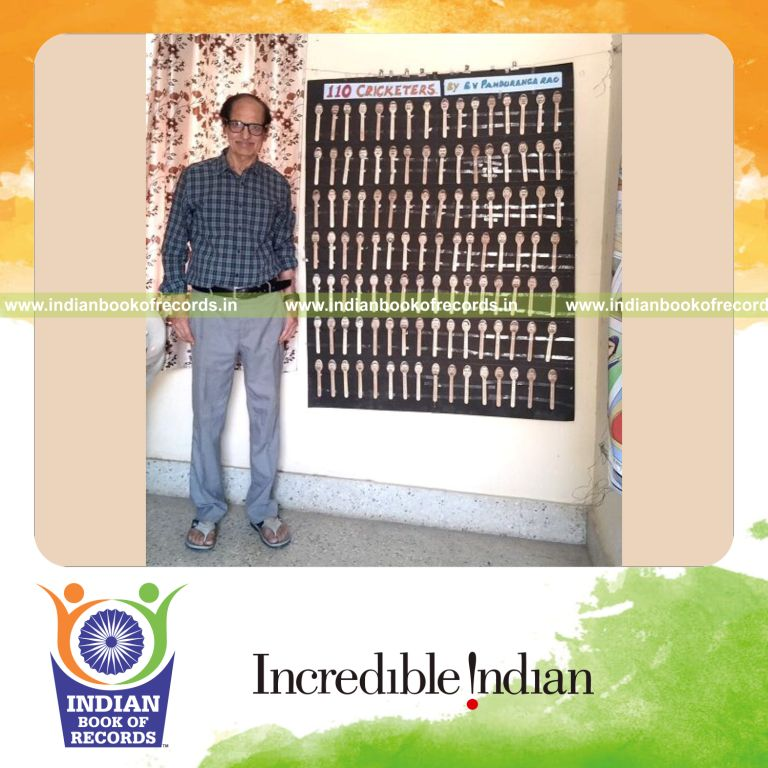 Multiple faces of Indian cricketers drawn on wooden spoons as an art collection recognized by Indian Book of Records
