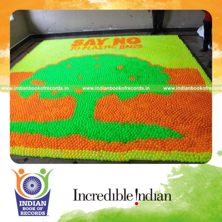 young female creating large mosaic using balls for record in Indian Book of Records