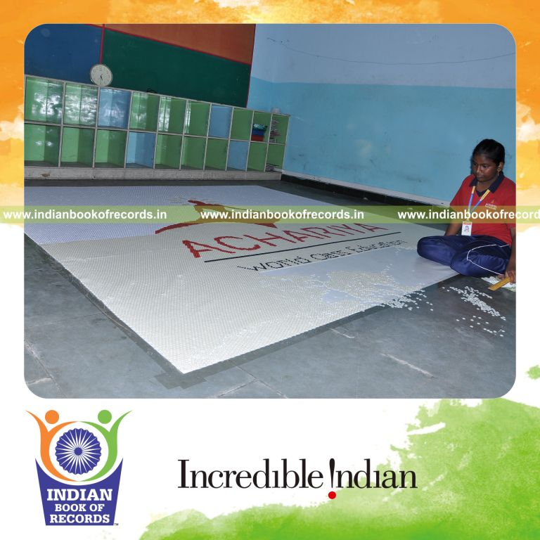 young female creating large mosaic using buttons for record in Indian Book of Records