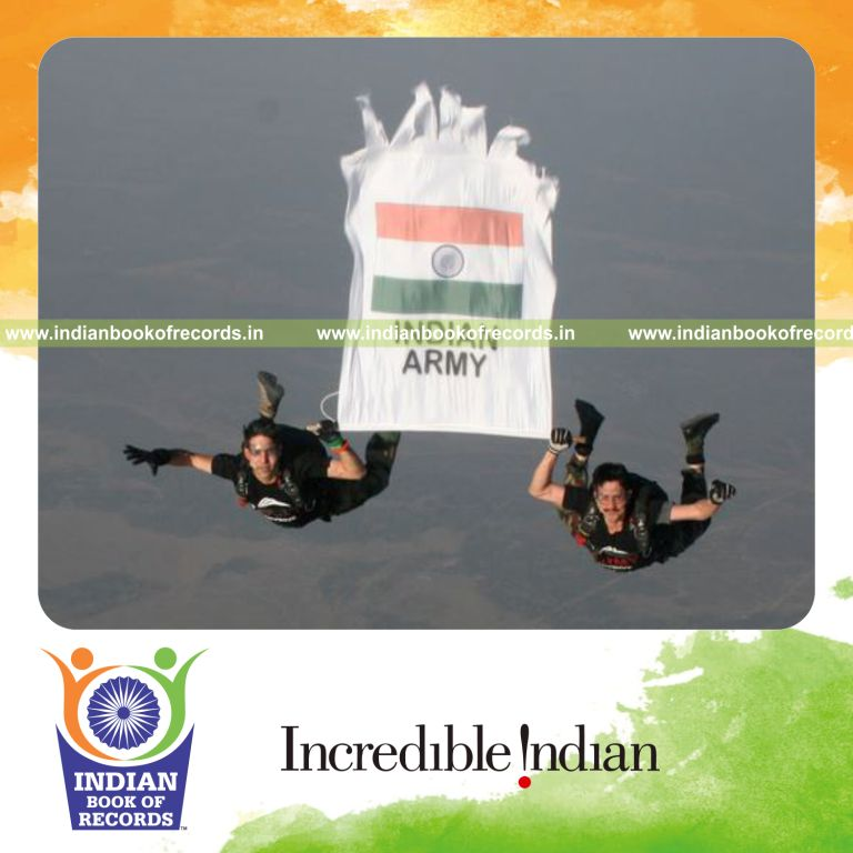 team holding large flag while freefalling for record in Indian Book of Records