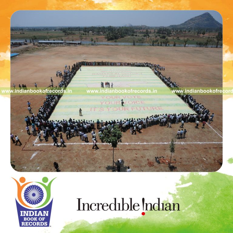 team creating a large painting using footprints for record in Indian Book of Records