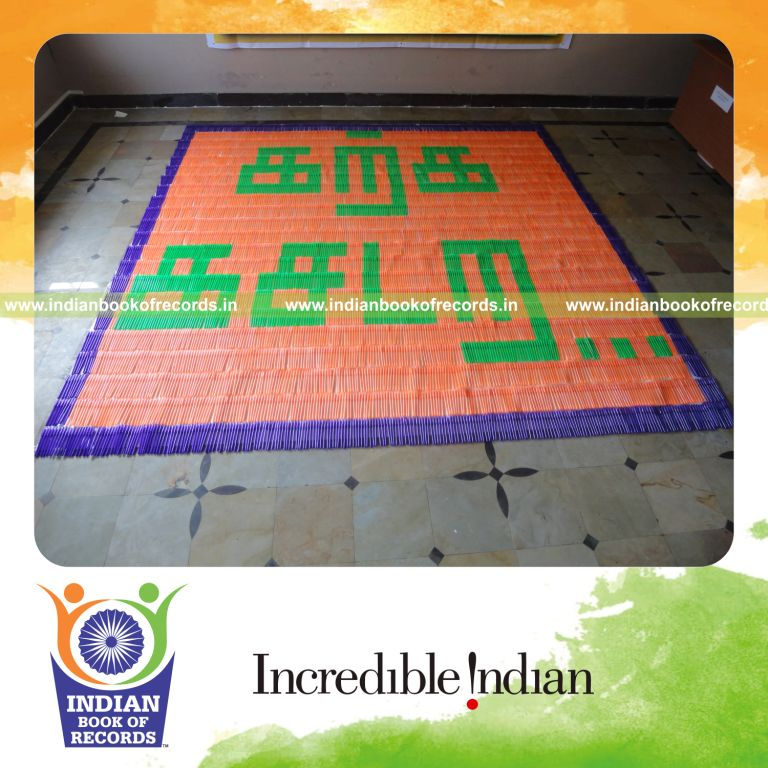 young male creating large mosaic using pens for record in Indian Book of Records
