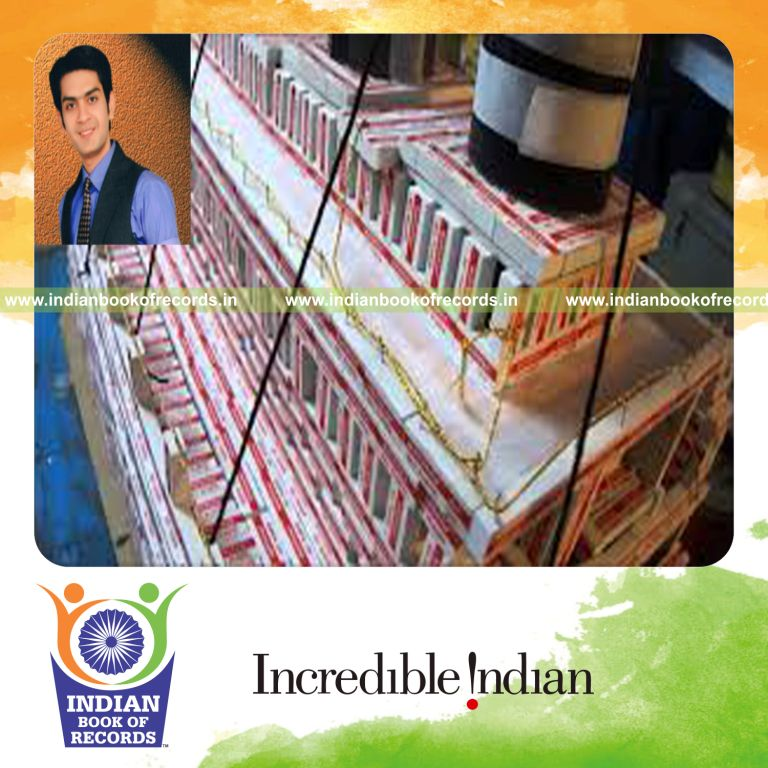 male individual creating titanic model using erasers for record in Indian Book of Records