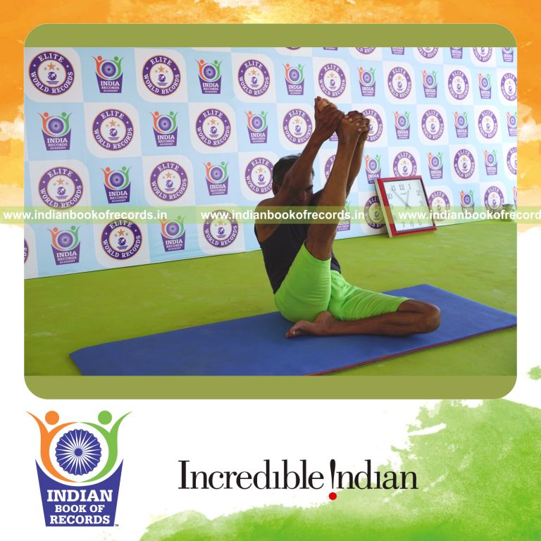 an individual holding the daksina ardha krounchasana yoga pose continuously for the longest duration with balance for a record in Indian Book of Records
