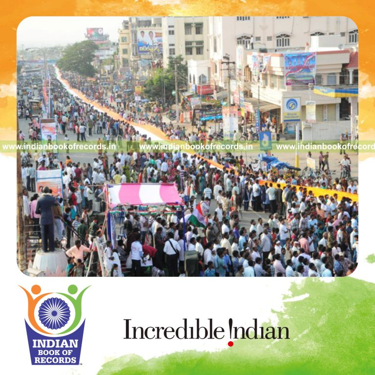 long national flag displayed for record recognition in Indian Book of Records
