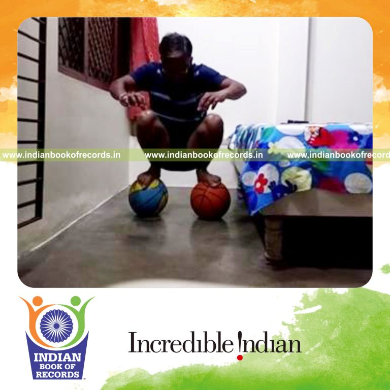 individual squatting on two basketballs for longest duration for record in Indian Book of Records