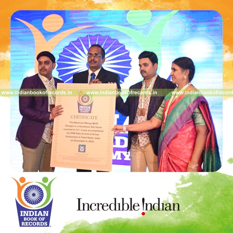 Handloom silk saree showcasing numerous mango motif patterns intricately woven for Indian Book of Records