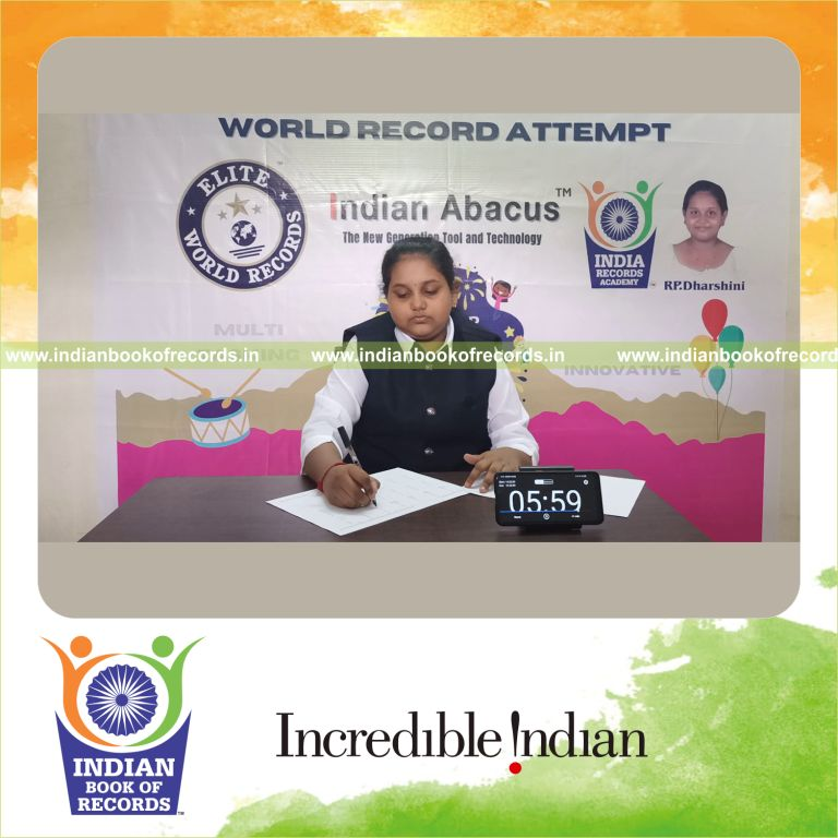 individual female solving addition problems 5 rows in 7 minutes for Indian Book of Records