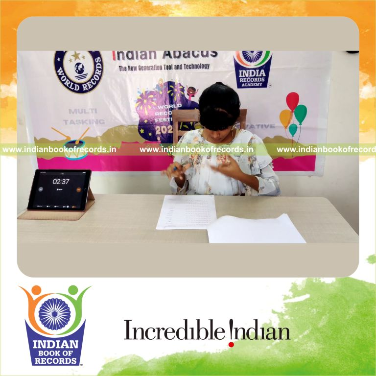 individual female solving two digit addition and subtraction problems 9 rows for Indian Book of Records