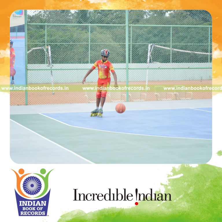 minor male bouncing basketball while skating simultaneously for Indian Book of Records