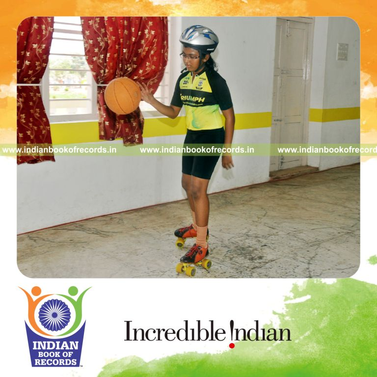 young female bouncing basketball while skating within six hours for record in Indian Book of Records