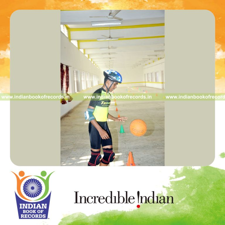 young male bouncing basketball while skating within six hours for record in Indian Book of Records