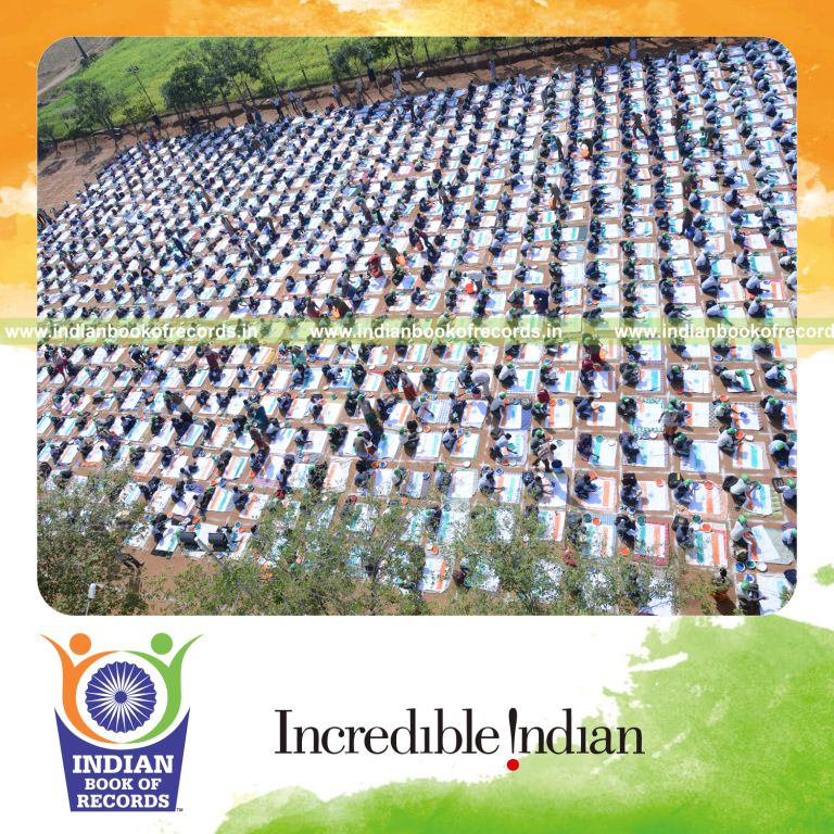 children creating national flag with handprints simultaneously for Indian Book of Records