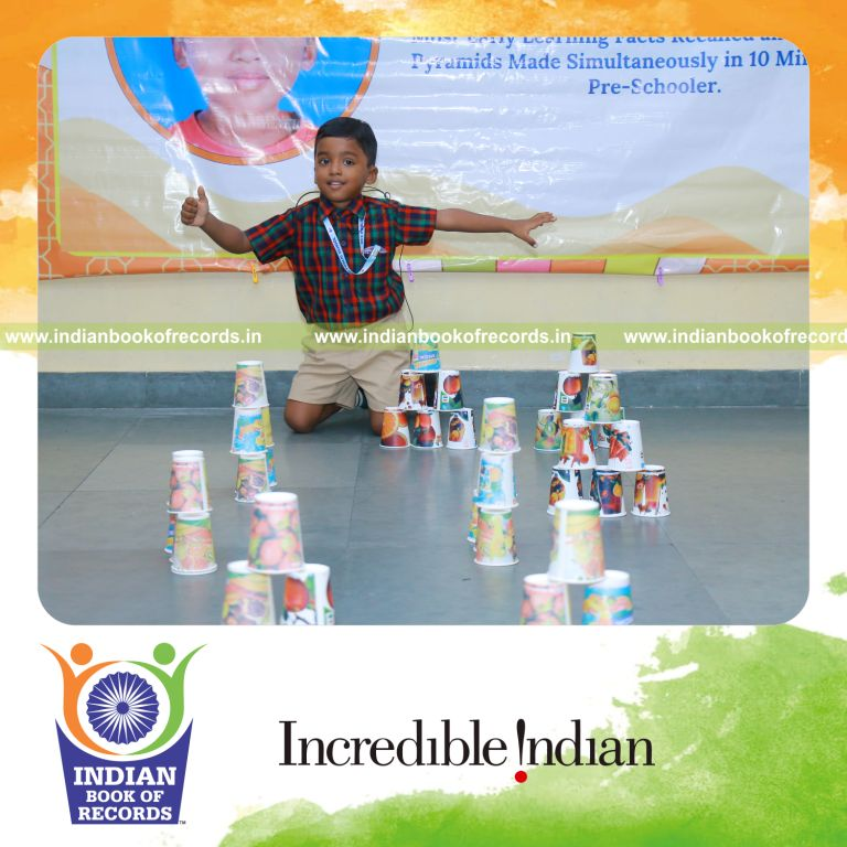 Maximum Early Learning Facts Recalled and Paper Cup Pyramids Made Simultaneously in 10 Minutes by a Pre-Schooler - Indian Book of Records.