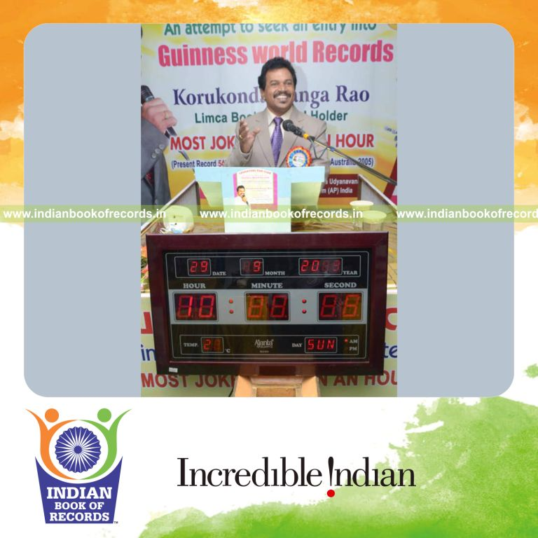 male performer delivering continuous jokes within one hour during Indian Book of Records event