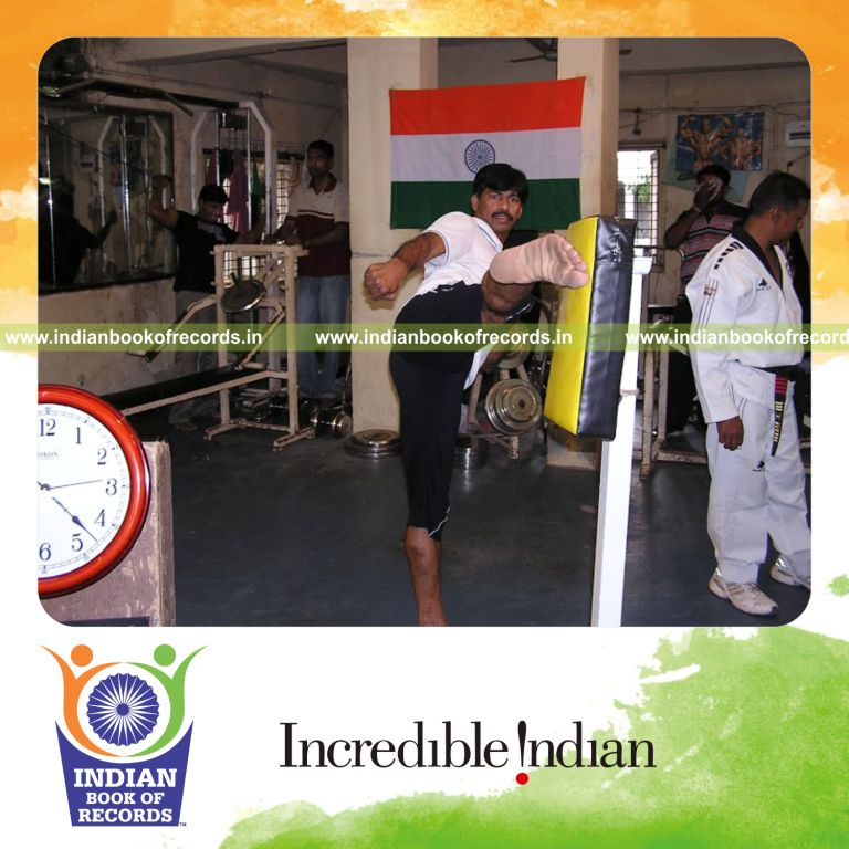 male athlete performing repeated martial art kicks using same leg for Indian Book of Records