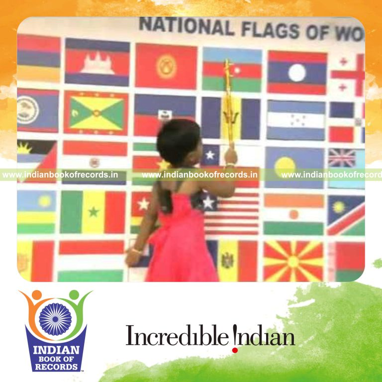 young female recognizing multiple flags for record in Indian Book of Records
