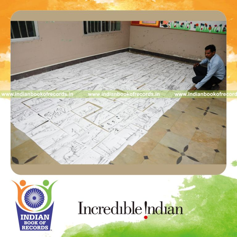 male individual creating multiple pencil sketches within ten hours for record in Indian Book of Records