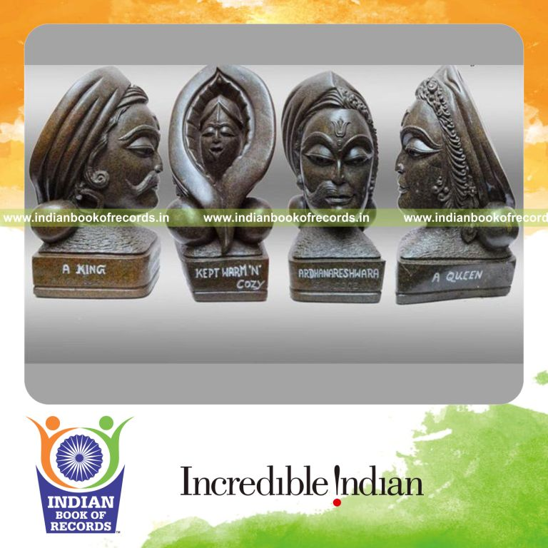 male individual displaying numerous sculptures in a museum for record achievement in Indian Book of Records