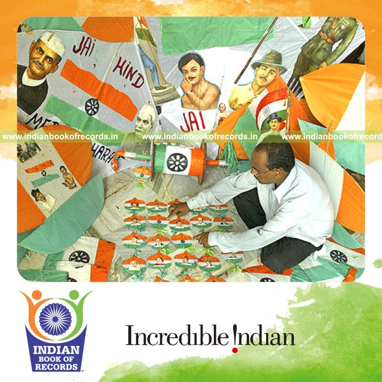 male individual collecting self made kites for record in Indian Book of Records