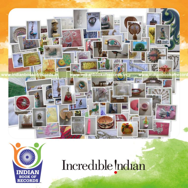 collection of peacock themed items displayed for Indian Book of Records