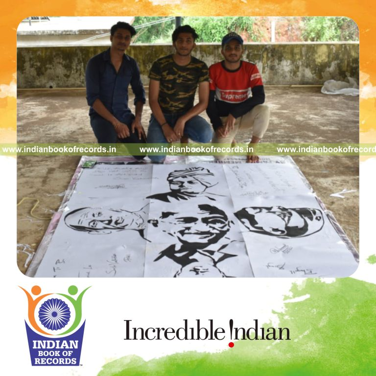 multiple portraits of freedom fighters created using paper cuttings by a team for a record in Indian Book of Records