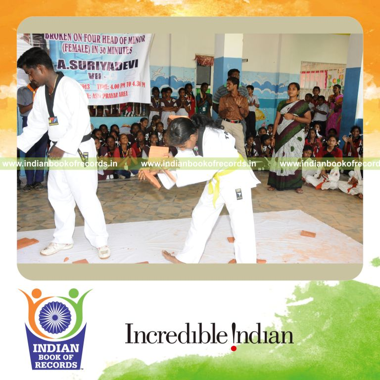 young female breaking tiles using forehead within thirty minutes for record in Indian Book of Records