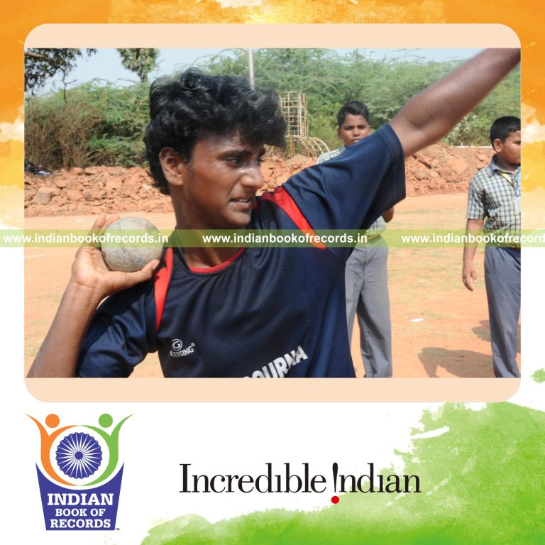 young male throwing 4 kg metal ball repeatedly within one hour for record in Indian Book of Records