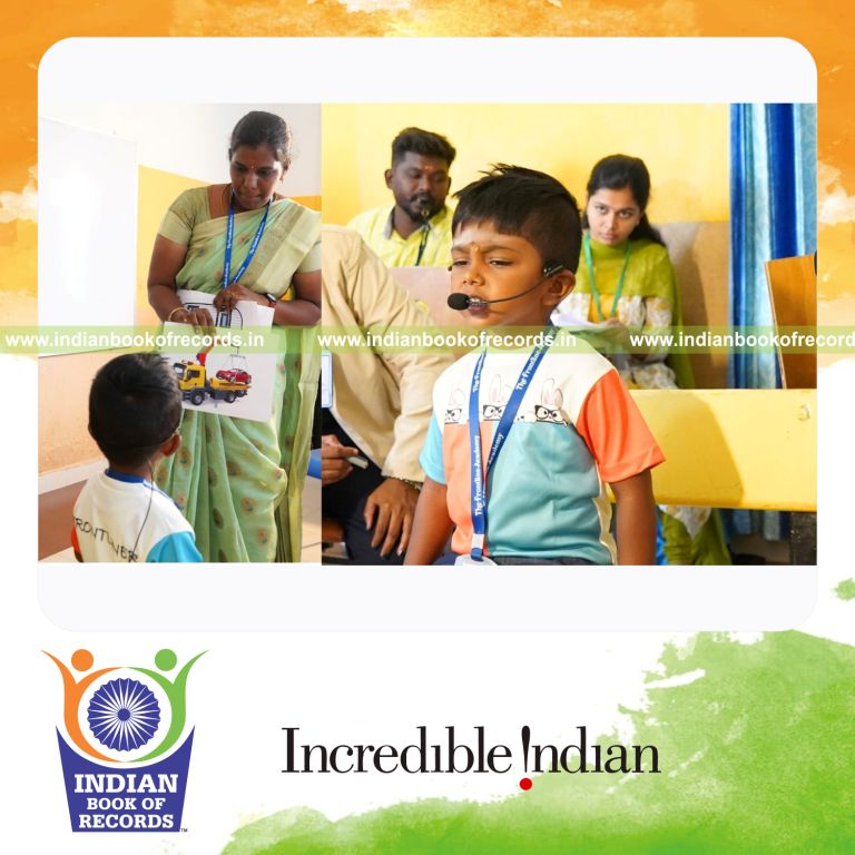 A child identifying various transport modes from flashcards within a short time for Indian Book of Records