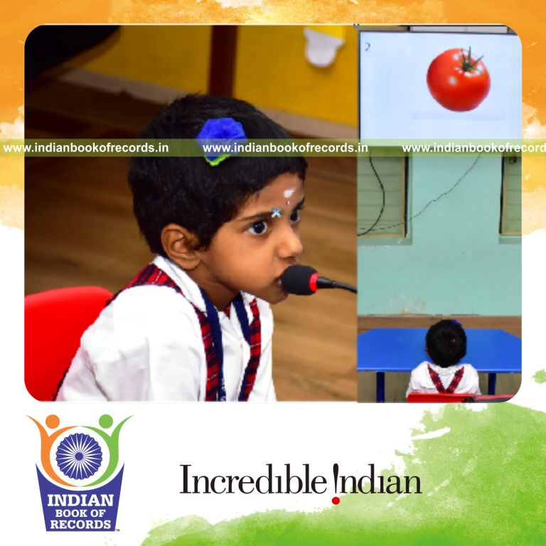 A child identifying multiple vegetable images on a digital screen within a short time for Indian Book of Records