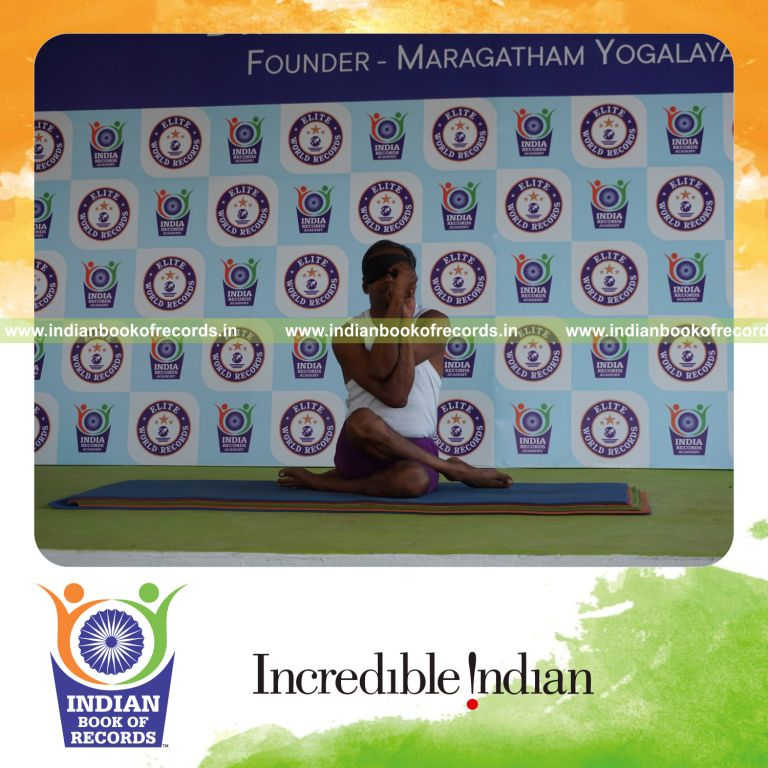 individual performing maximum yogasanas blindfolded in 5 minutes for record in Indian Book of Records