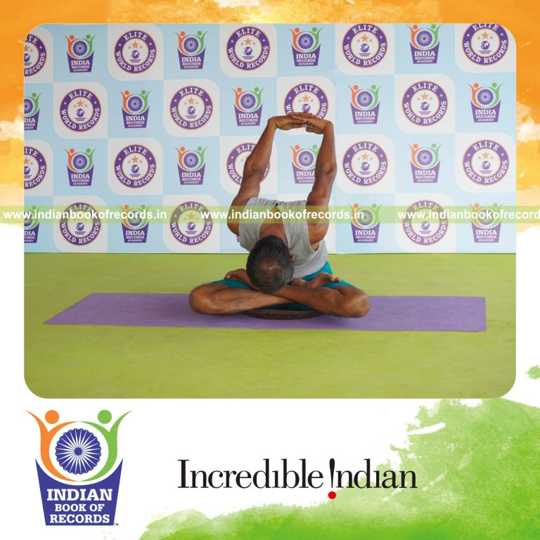 individual performing maximum yogasanas on a brass plate in 10 minutes for record in Indian Book of Records