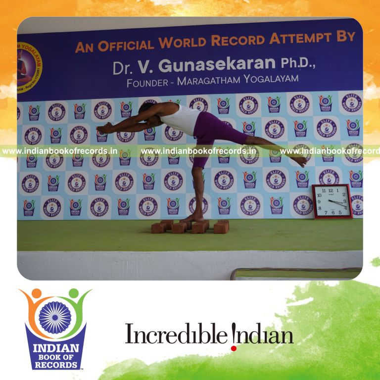 individual performing maximum yogasanas on bricks in 5 minutes for record in Indian Book of Records