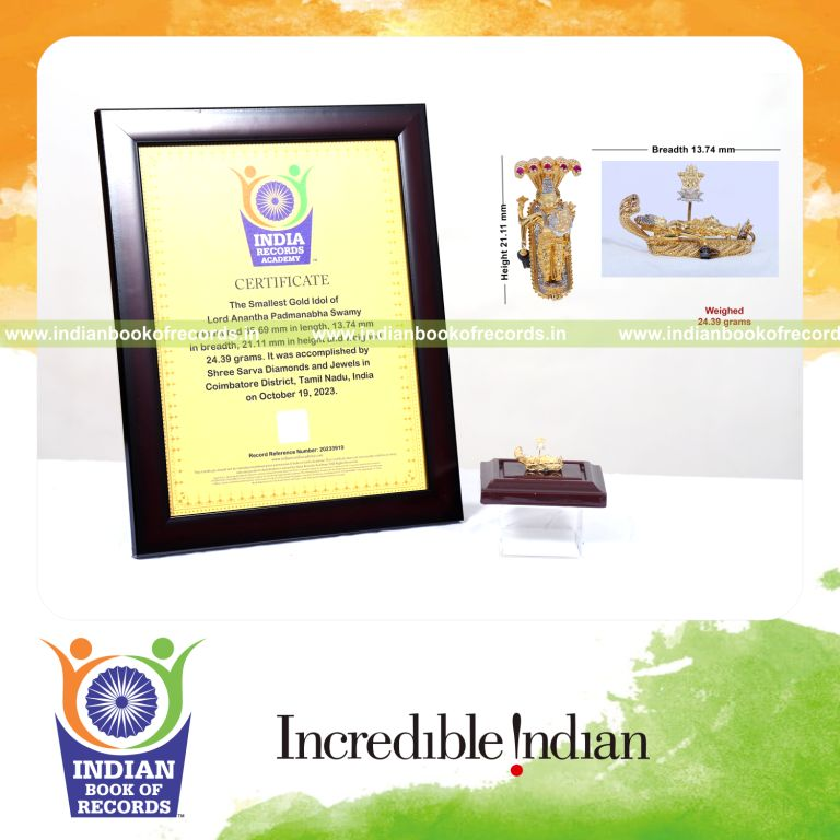 Finely crafted miniature gold idol of Lord Anantha Padmanabha Swamy recorded in the Indian Book of Records