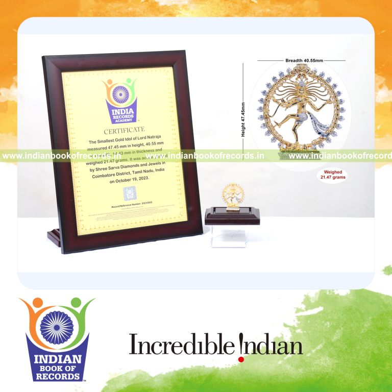 A finely detailed miniature gold idol of Lord Natraja recognized by the Indian Book of Records