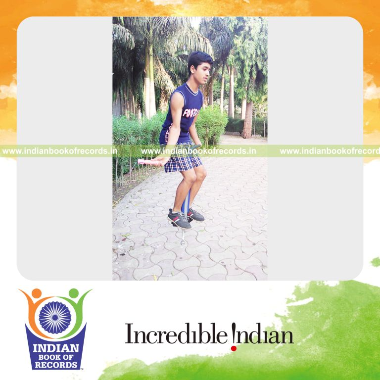 individual performing rope jumps on pogo stick without hands for Indian Book of Records