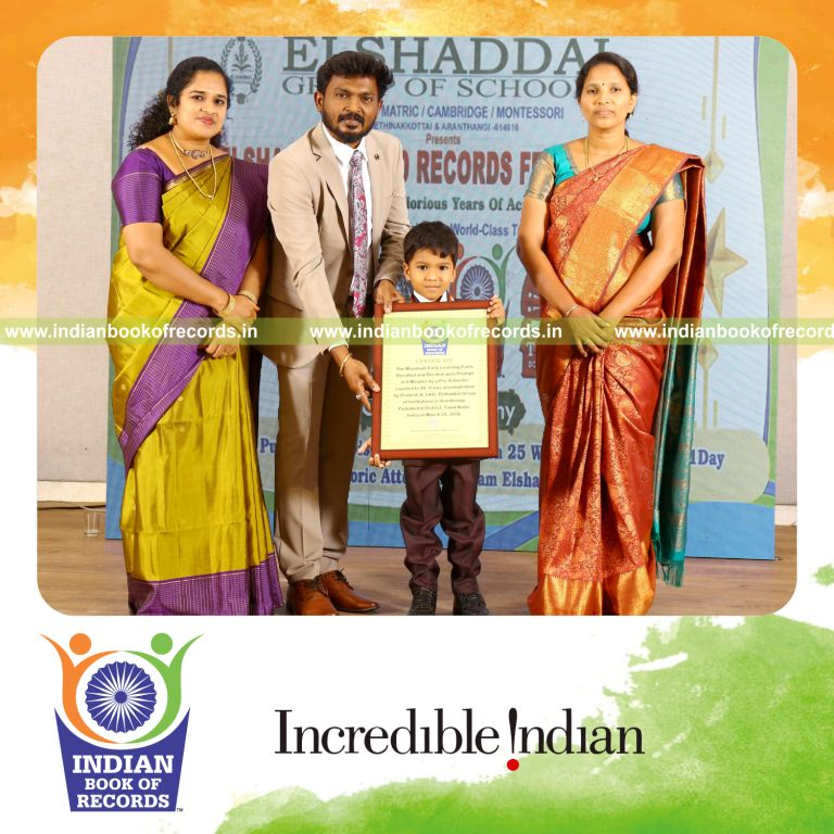 Child recalling and reciting early learning facts quickly upon prompts recognized by Indian Book of Records