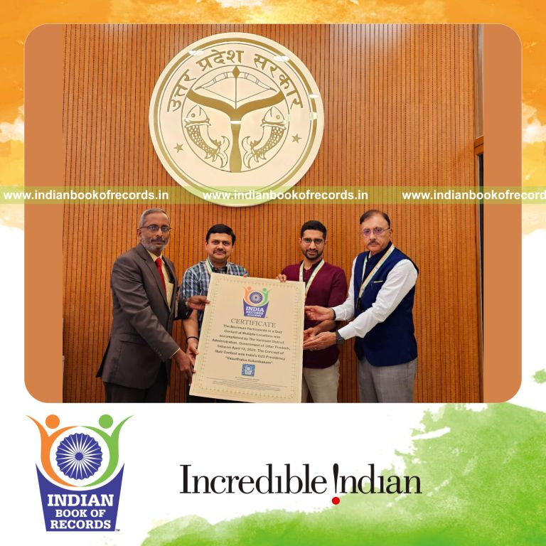 Participants competing in a quiz contest across multiple locations for the Indian Book of Records