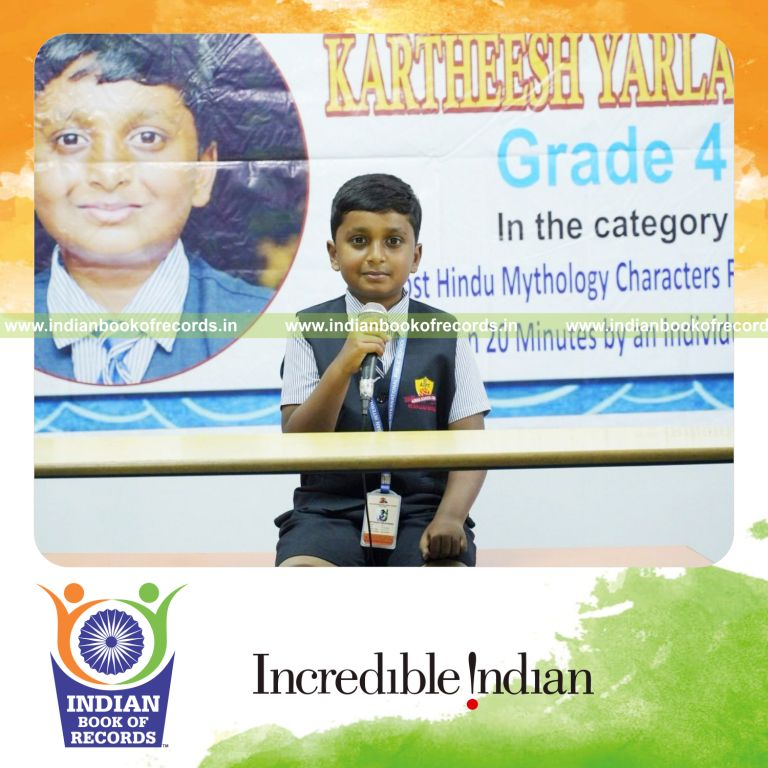 Young individual reciting multiple Hindu mythology characters with descriptions within a short time recognized by Indian Book of Records