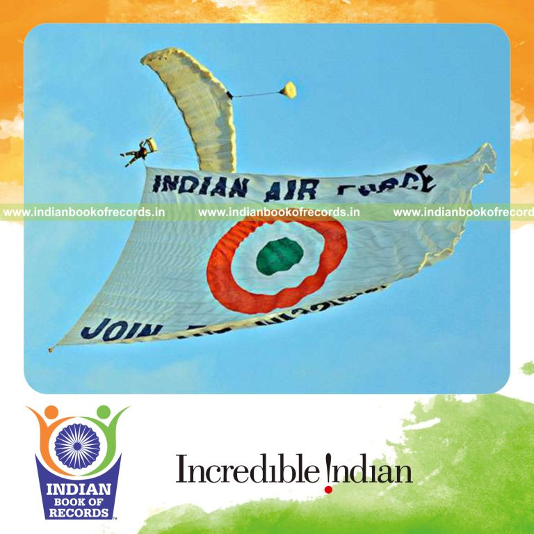 individual unfurling large flag while skydiving for Indian Book of Records