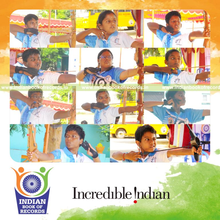 Team performing an archery marathon while standing on nail boards, recognized by Indian Book of Records.