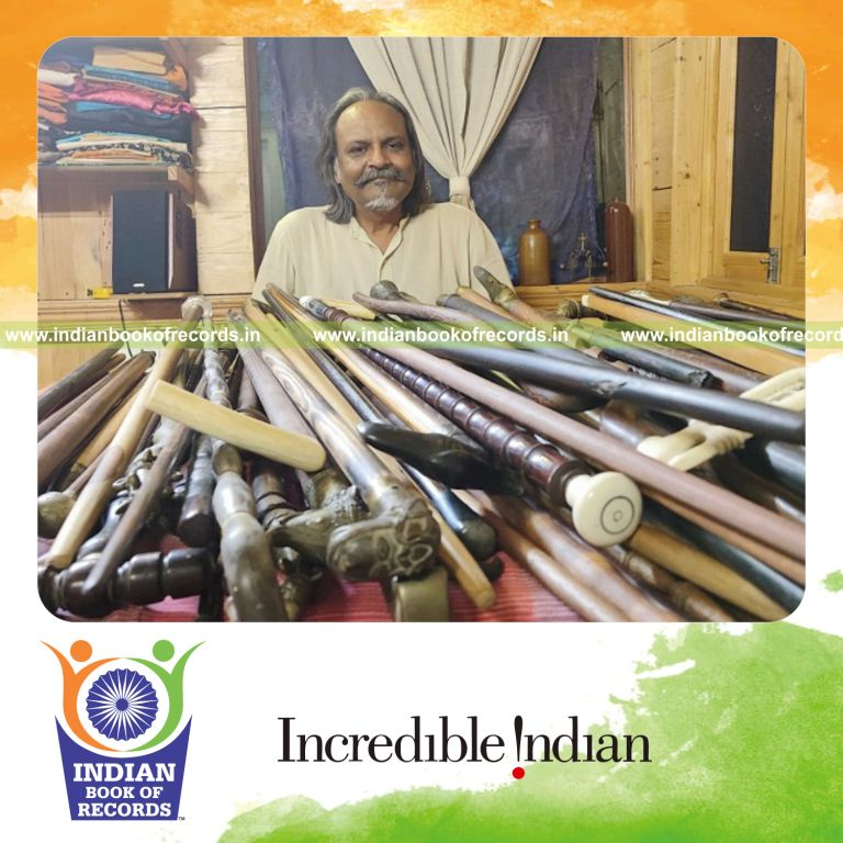Extensive collection of unique Indian walking sticks and canes displayed recognized by Indian Book of Records
