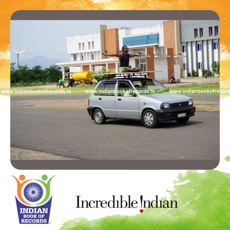 an individual performing multiple yogasanas on a moving car within thirty minutes for a record in Indian Book of Records